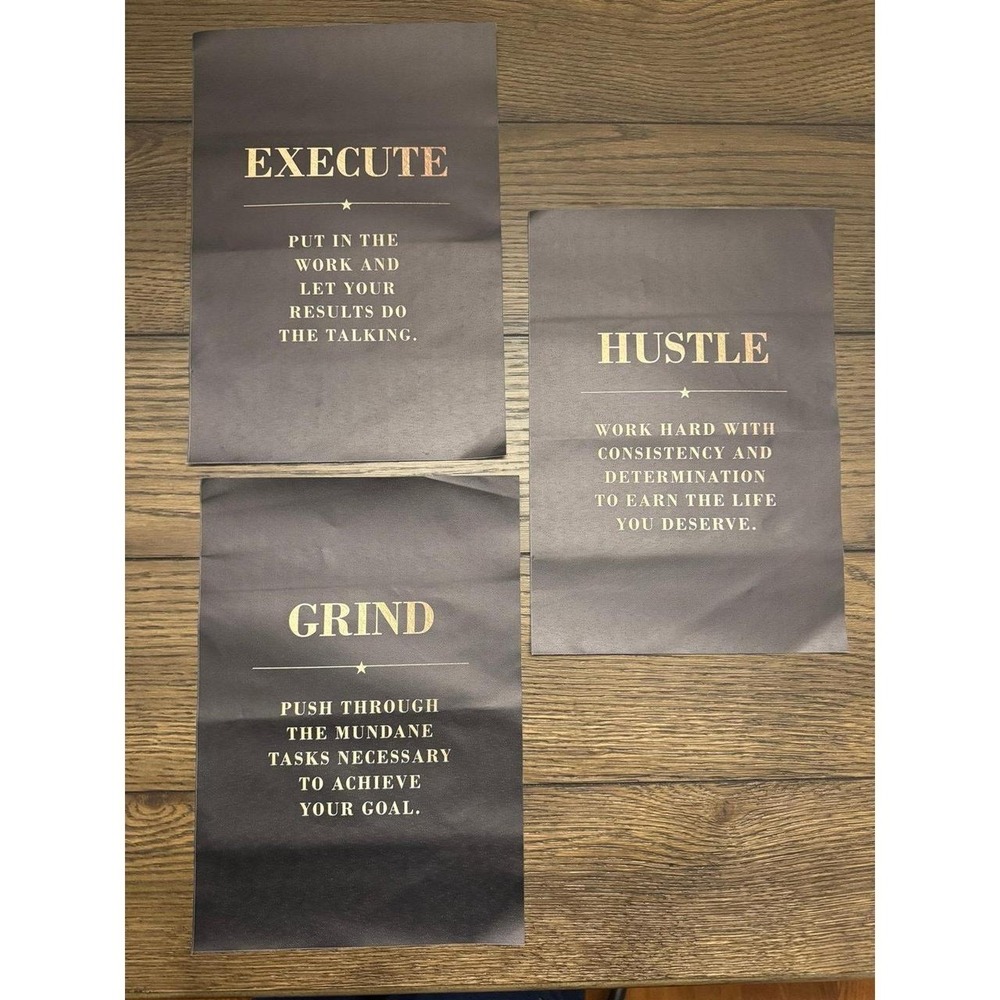 Motivational Office Wall Art Poster Bundle Execute Hustle Grind Black Gold